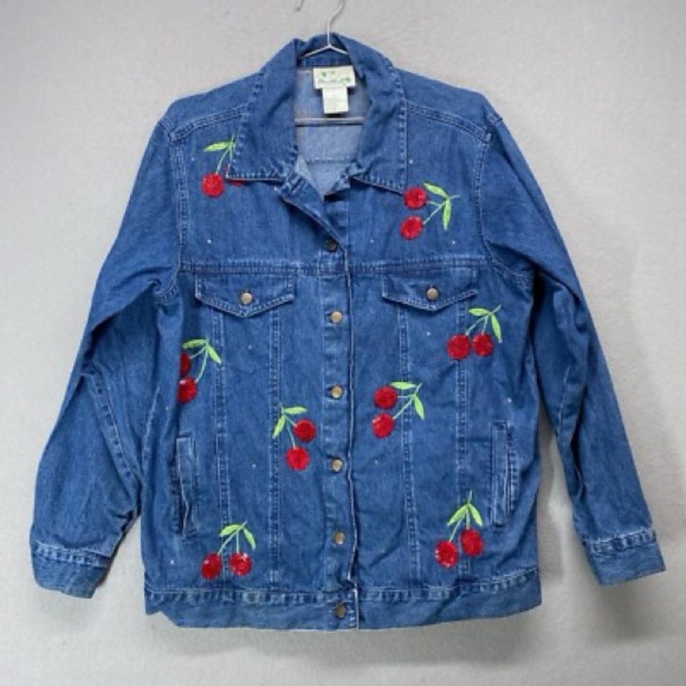 Quacker Factory Denim Jacket Womens Large Cherry Embroidered Sequins